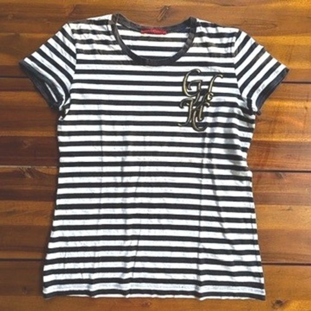 Carolina Herrera CH Gold Monogram Nautical Striped Tee Navy & White, Size M